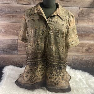 K Studio Sheer Blouse Button Up, Ladies 14, Green Floral Pattern